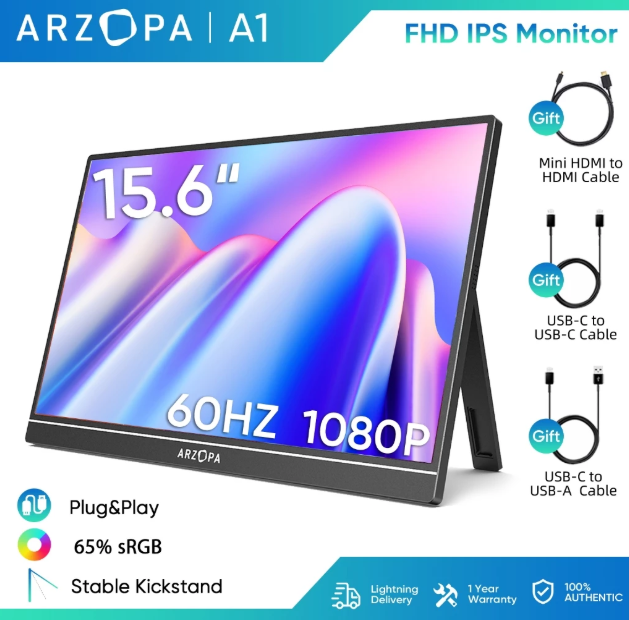 ARZOPA Portable Monitor A1- 15.6 FHD 1080P Ultra-Slim Portable Laptop Monitor with Kickstand